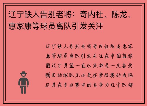 辽宁铁人告别老将：奇内杜、陈龙、惠家康等球员离队引发关注