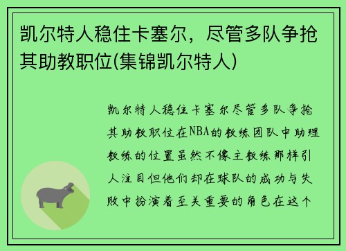 凯尔特人稳住卡塞尔，尽管多队争抢其助教职位(集锦凯尔特人)
