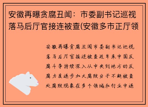 安徽再曝贪腐丑闻：市委副书记巡视落马后厅官接连被查(安徽多市正厅领导调整)