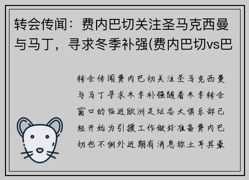转会传闻：费内巴切关注圣马克西曼与马丁，寻求冬季补强(费内巴切vs巴斯克尼亚)