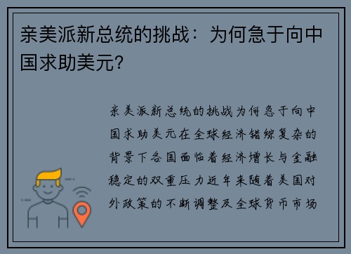 亲美派新总统的挑战：为何急于向中国求助美元？