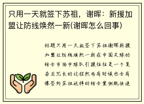 只用一天就签下苏祖，谢晖：新援加盟让防线焕然一新(谢晖怎么回事)