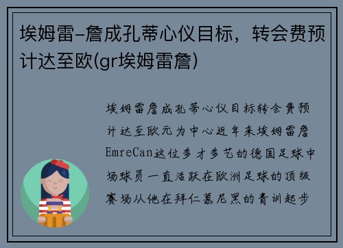 埃姆雷-詹成孔蒂心仪目标，转会费预计达至欧(gr埃姆雷詹)