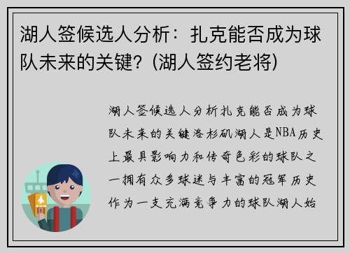 湖人签候选人分析：扎克能否成为球队未来的关键？(湖人签约老将)